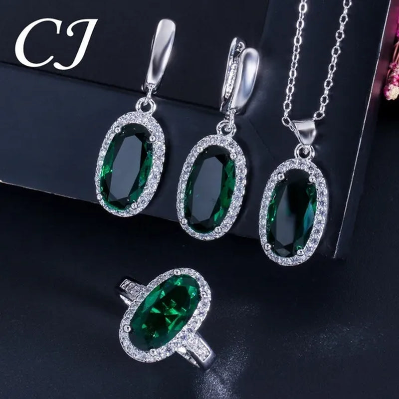 CANDICE Fashion Women Sterling Silver Plated Jewelry Sets for Girls Lovely Oval Pink CZ Stone Party Necklace Earrings Ring Set（Us 7-9)