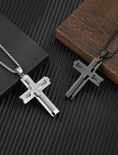 Cross Necklace for Men 316L Stainless Steel Jesus Christ Pendant Jewelry Rolo Chain for 20″ 22″ 24″ 26″ 28″