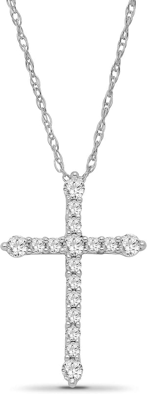 10K Gold or Silver Diamond Cross Pendant with Sterling Silver Rope Chain Necklace (1/4 Cttw, I-J Color, I2-I3 Clarity), 18"