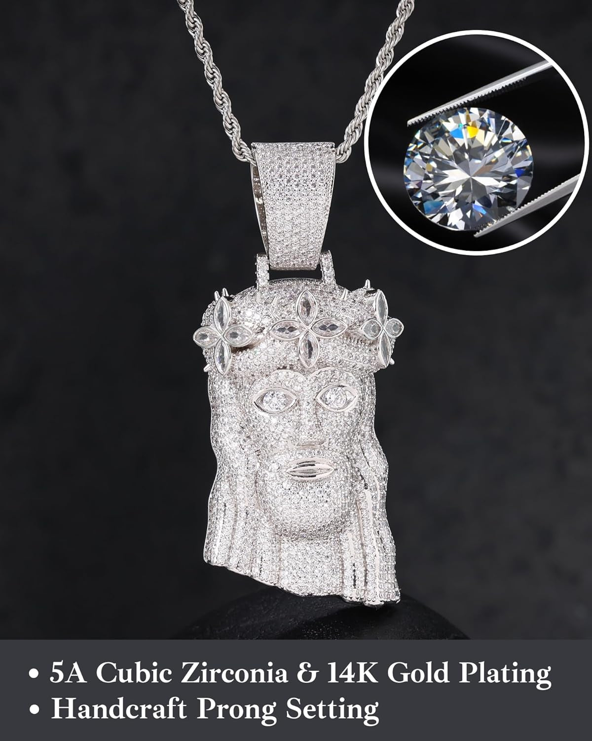 Iced Out 5A Zircon Jesus Pendant Necklace for Men and Women, 14K Gold Plated Simulated Diamond Bling Cross Hip Hop Necklace
