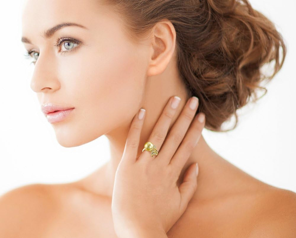 18K Gold 9-10Mm round Genuine Golden South Sea Cultured Pearl & Diamond Eva Ring for Women