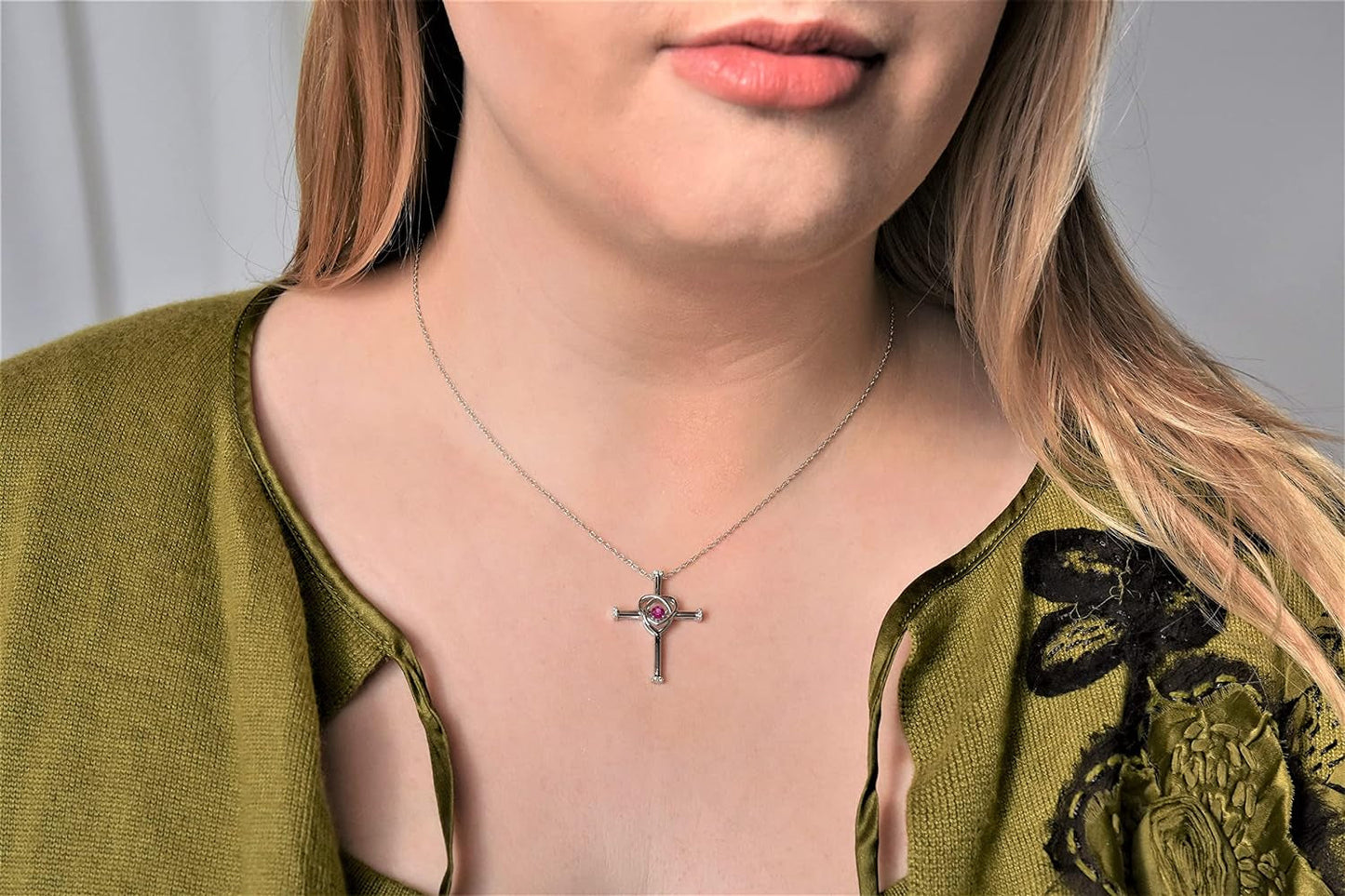 .925 Sterling Silver Gemstone Cross Pendant Necklace with Adjustable 18" Chain- Choice of Birthstone