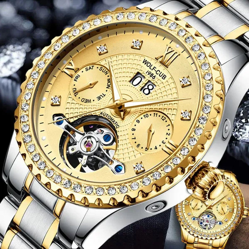 WOLF-CUB New Men Luxury Diamond Watch Full Gold Watch Tourbillon Mechanical Watch Automatic Watch Stainless Steel Waterproof Luminous Relogio Masculinos