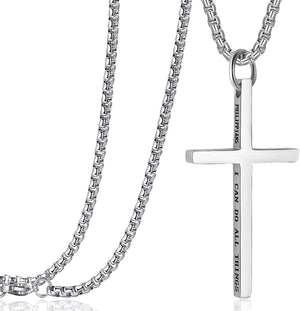 Cross Pendant Necklaces for Men Women Philippians 4:13 Bible Verse I Can Do All Things Stainless Steel Chain 16/20/24/28 Inchs Black Silver Gold