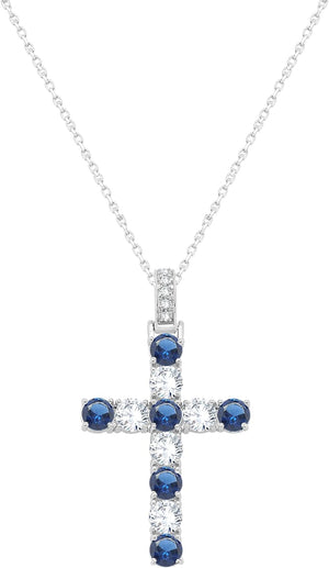 3.20MM round Cut Simulated Multicolor Gemstone & 0.70 Cttw Natural Diamond Cross Pendant Necklace along with 18" Chain in 14K Gold Plated 925 Sterling Silver