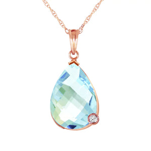 6.54 Carat 14K 24" Solid Rose Gold Necklace with Natural Briolette Checkerboard Cut Blue Topaz and Diamond Pendant