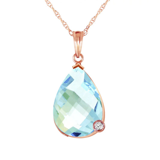 6.54 Carat 14K 24" Solid Rose Gold Necklace with Natural Briolette Checkerboard Cut Blue Topaz and Diamond Pendant