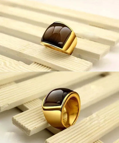New Fashion Rings 316L Stainless Steel Gold Plated Simple Jewelry Ring With Opal For Men