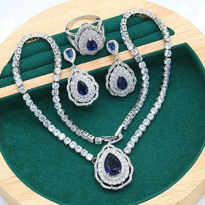 Exquisite Necklace 925 Silver Jewelry Sets for Women Wedding Royal Blue Topaz Earring Ring Pendant Holiday Christmas Gift