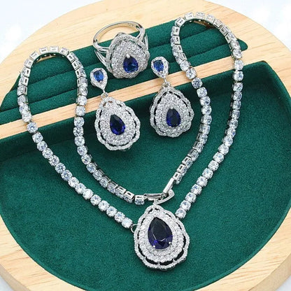 Exquisite Necklace 925 Silver Jewelry Sets for Women Wedding Royal Blue Topaz Earring Ring Pendant Holiday Christmas Gift