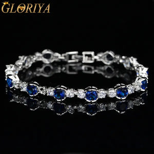 Gloriya High-Grade CZ Evening Party Jewelry For Woman Hand-inlay Round Blue Crystal Silver Plated Tennis Bracelet