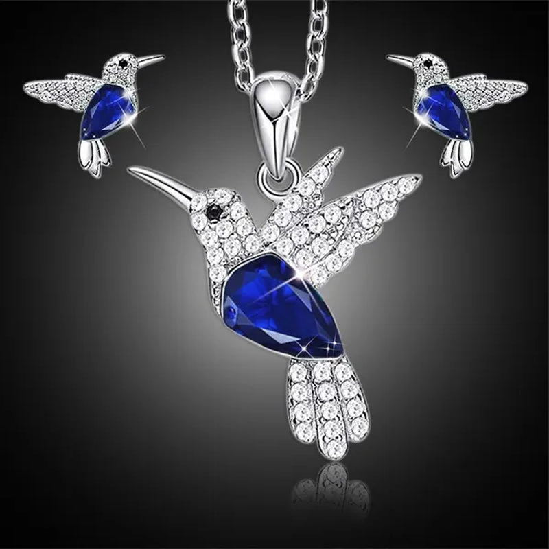 Hummingbird Silver Jewelry Set Women Pendant Necklace and Stud Earring Set Crystalsfine Animal Jewelry, Gift for Mothers Day