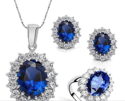 Fashion Natural 925 Silver Sapphire Ring Earring Necklace Set Ladies High-End Crystal Diamond Three-Piece Set Women'S Wedding Jewelry Party Gift Europe and America