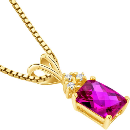 Created Ruby with Genuine Diamond Pendant in 14 Karat Yellow Gold, Elegant Solitaire, Radiant Cut, 7X5Mm, 1.30 Carats Total