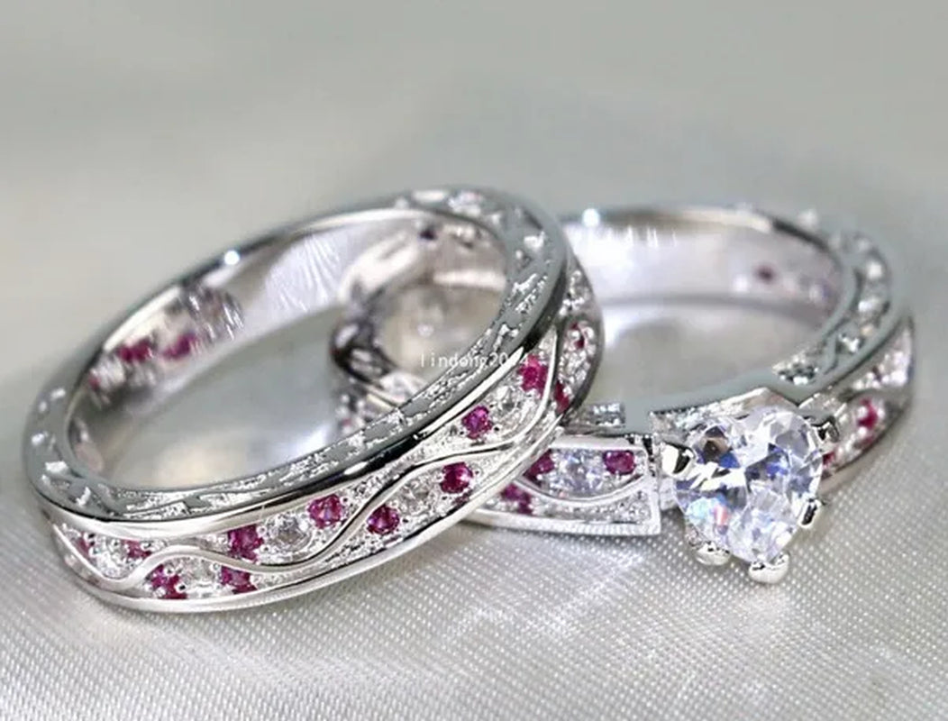 Heart 1Ct CZ Ruby 10KT White Gold Filled Claddagh Ring Sets Women'S Wedding Ring Sz6-9