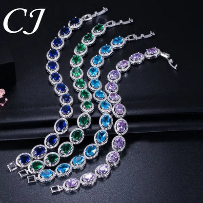 CANDICE Luxury Quality Oval Blue Crystal Women Strand Bracelet Bangles Setting Stylish Silver Plating CZ Hand Jewelry for Lady Anniversary Birthday Gifts
