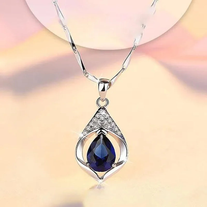 Fine Elegant Bridal Wedding Clavicle Necklace for Women Engagement Wedding Jewelry Gift Teardrop Blue Sapphire Necklace