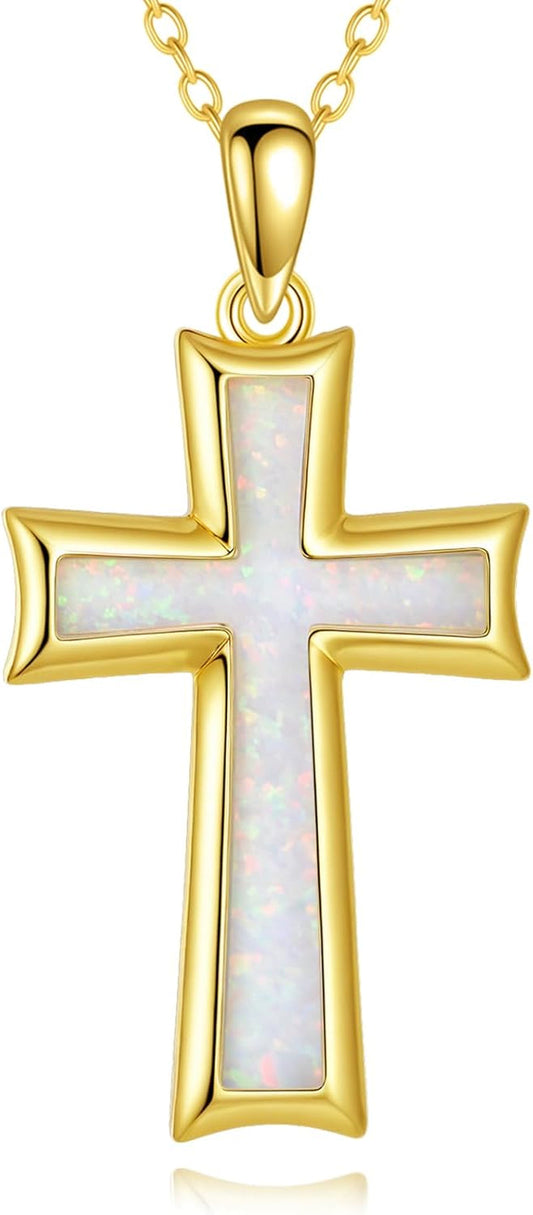 Cross Necklace for Women Sterling Silver Cross Pendant Necklace Opal Jewelry Religious Jewelry Christian Gifts