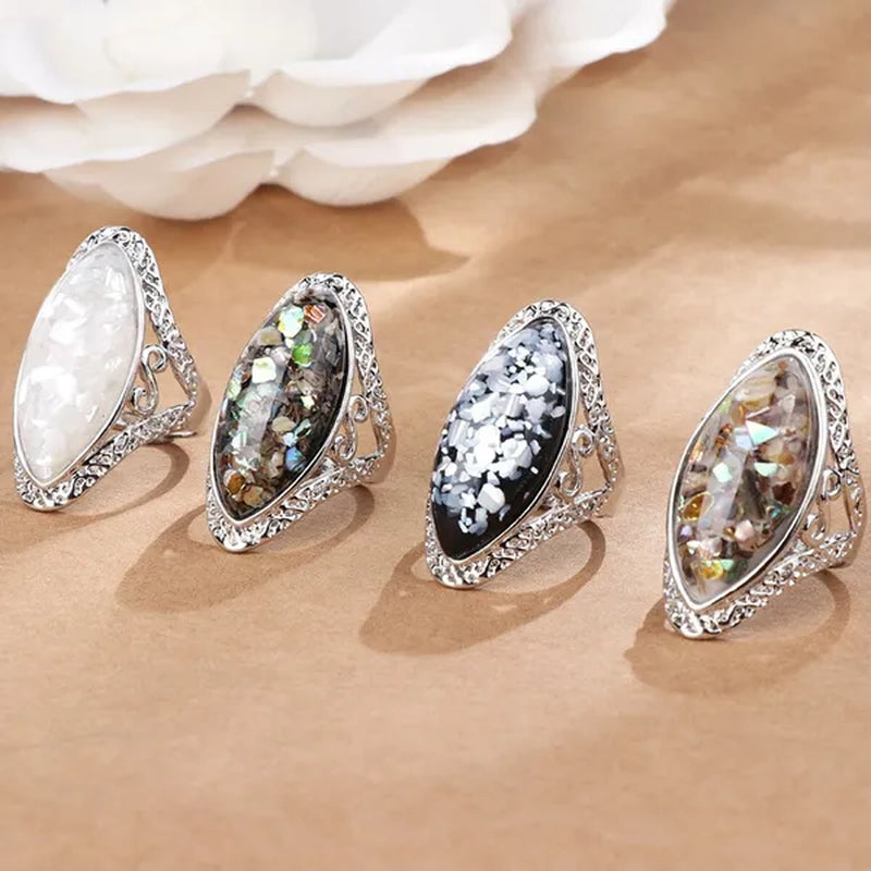 Vintage Jewelry Magic Natural Shell Silver Ring Ancient Silver Carved Big Ring Couple Antique Jewelry  Sterling Silver Bride Wedding Engagement Vintage Men Ring Gift Aneis Feminino Bijoux