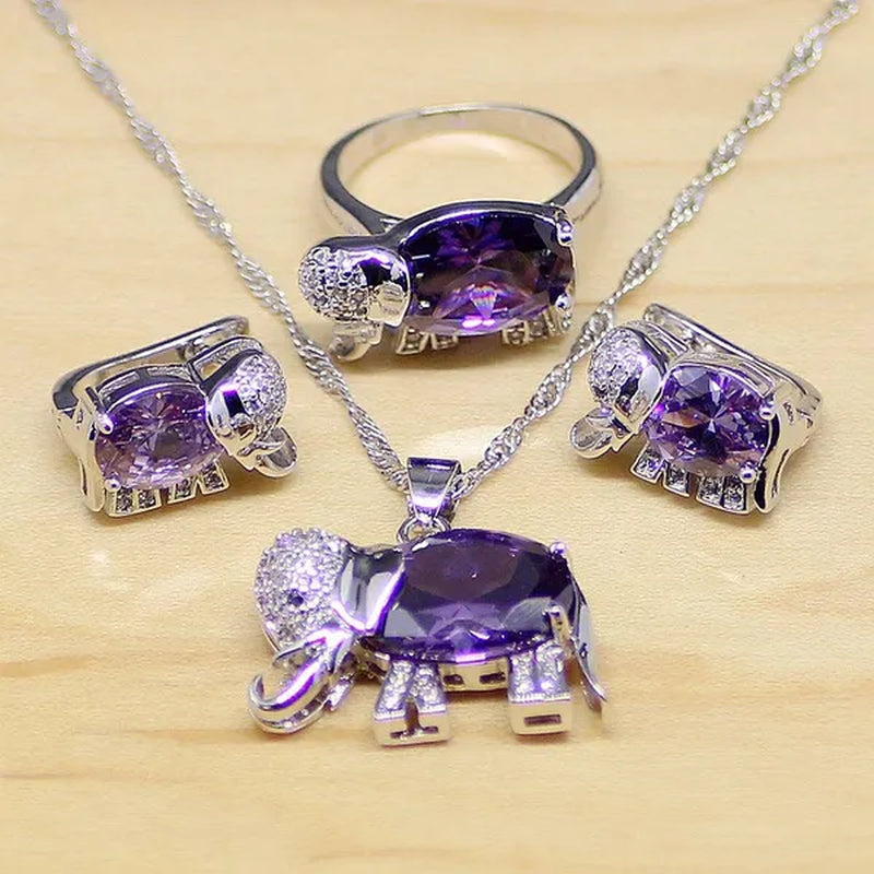 Elephant Shaped Purple Amethyst White Topaz 925 Sterling Silver Jewelry Sets Women Earrings/Pendant/Necklace/Rings