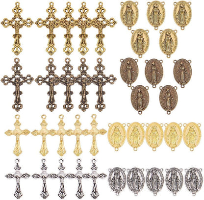Tibetan Style Rosary Cross Charms and Center Miraculous Medal Easter Vintage Cross Crucifix Pendants Oval Chandelier Links Bronze Connector Charm for Rosary Bead Necklace Making Supplies