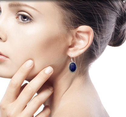 Artisan Handmade Lapis Lazuli Dangle Earrings Crafted .925 Sterling Silver Blue India Royal Classic Reflecting Pond Snorkel Happiness Birthstone 'Blue Mystique'