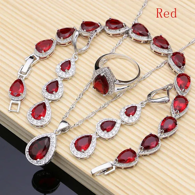 Water Drop 925 Sterling Silver Jewelry Red Ruby White Topaz Jewelry Sets Women Earrings/Pendant/Necklace/Rings/Bracelet