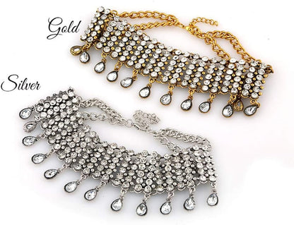 Vintage Boho Full Rhinestones Necklaces Tassel Jewelry Set Layered Pendant Statement Chunky Chain Necklace for Women and Girls