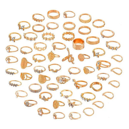 New 60Pcs Womens Rings Silver Gold Plated Rhinestone Vintage Jewelry Bohemian Style Finger Joint Ring Party Favor Gifts