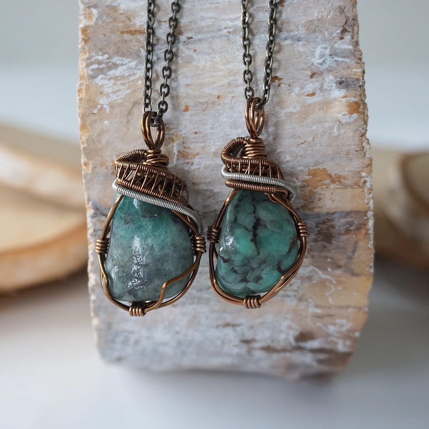 Emerald Wire Wrapped Pendant, Copper Crystal Necklace, with 24 Inch Antique Bronze Chain, May Birthstone Jewelry, Handmade in North America