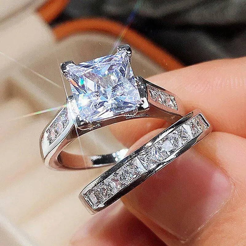 2Pcs/Set Charm Crystal Natural Gemstones White Sapphire Diamond Silver Ring Set Anniversary Gift Engagement Bridal Wedding Rings Jewelry for Women Ladies Size 5-10