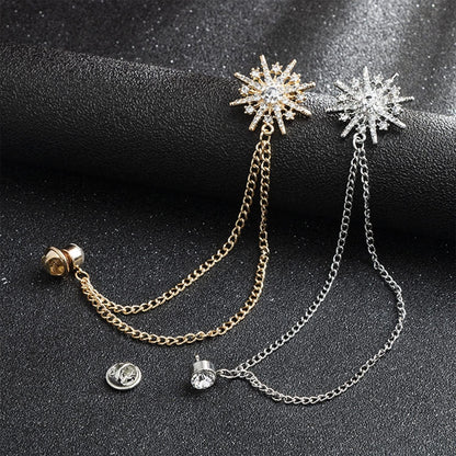Snowflake Rhinestone Brooches, Hanging Chain Tassel Badge, Gold Silver Snowflake Long-Chain Brooches Shirt Collar Lapel Pin for Men Women Suit Accessories Stage Jewelry