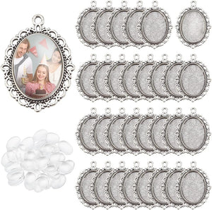 60Pcs Bezel Pendant Blanks Settings - 30Pcs Oval Pendant Trays Photo Charms with 30Pcs Glass Cabochons for Mom Bouquet Bridal Wedding Brides Graduation Charm Jewelry Making, 25X18Mm