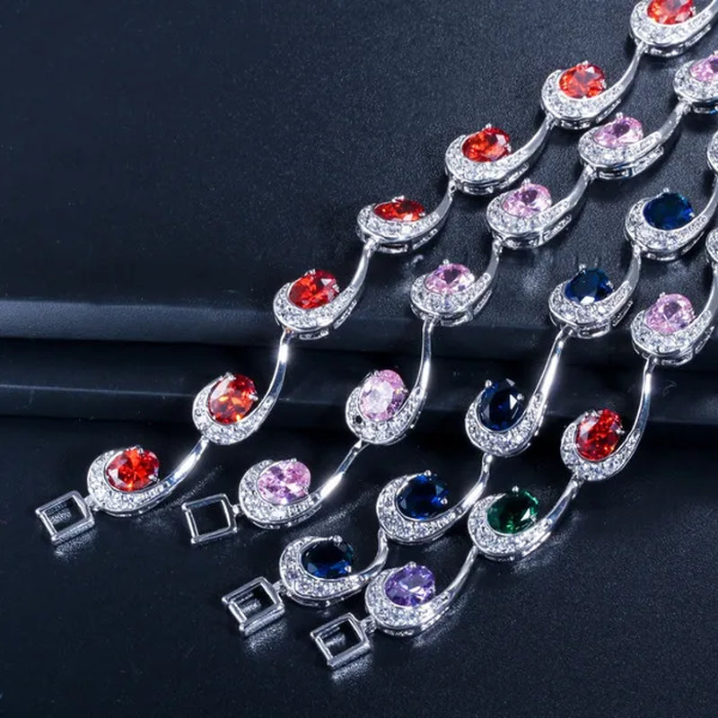 CANDICE Hot Sale Silver Hand Jewelry Classic Oval Red Crystal White Zircon Peacock Tennis Bracelet Bangle for Women Gift 18cm