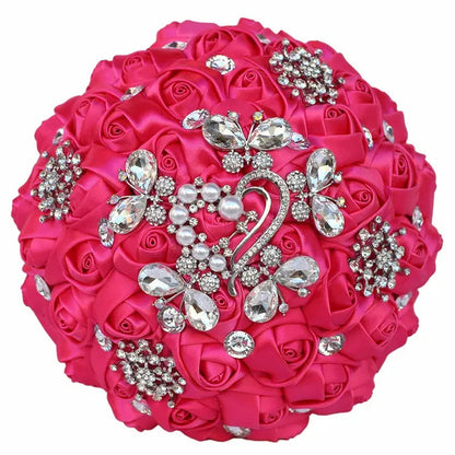 18CM Butterfly Love Diamond Brooch Bridal Bouquet Ribbon Silk Rose Wedding Simulation Flower Bouquet Handmade Bridesmaid Holding Flowers