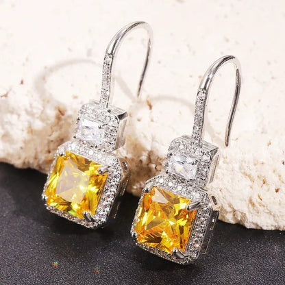 Bridal Wedding Hanging Earrings for Women Square Cut Citrine Gemstone Drop Earrings Lover Anniversary Gift