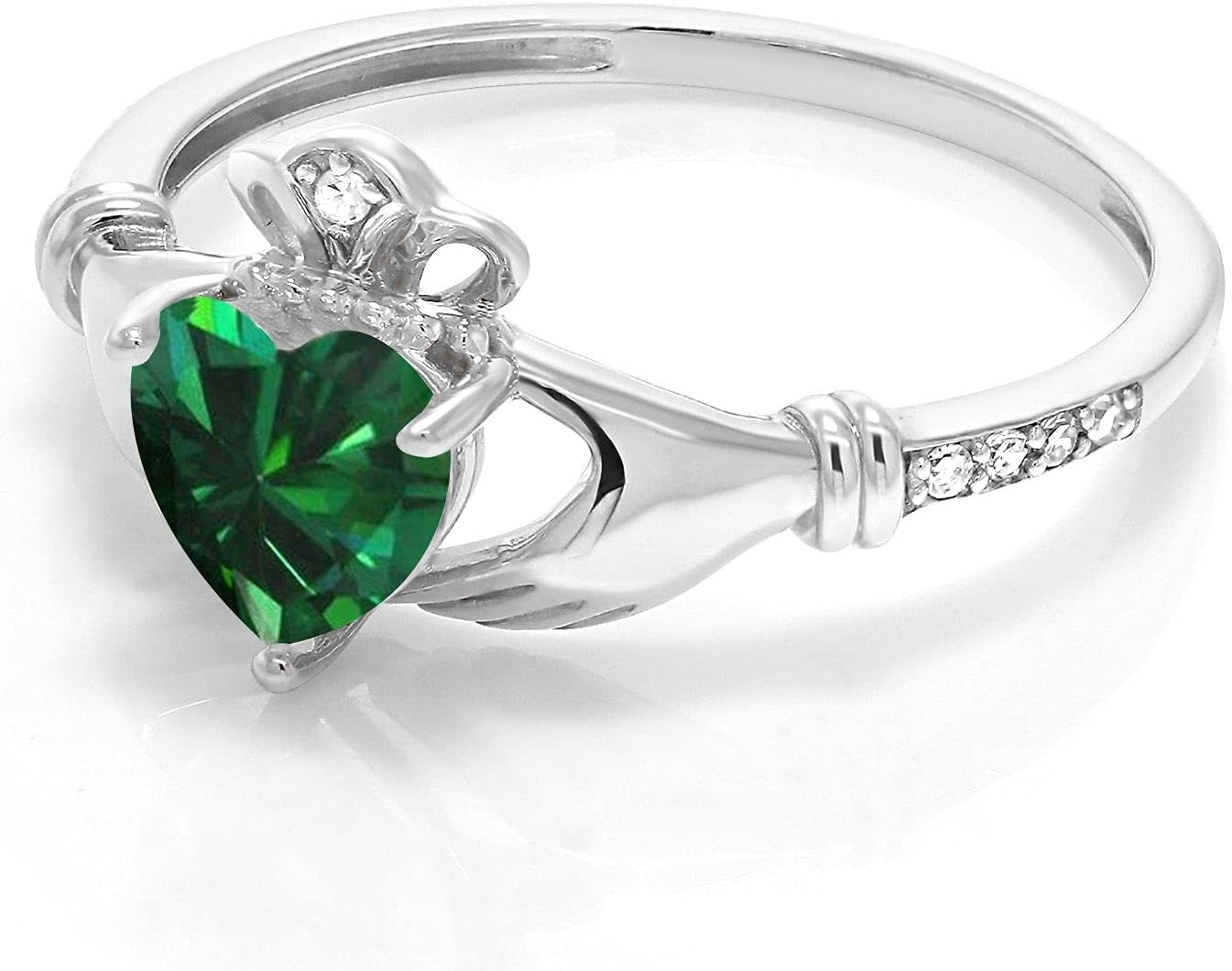 10K White Gold 6MM Heart Shape Gemstone Birthstone and White Diamond Irish Celtic Claddagh Engagement Ring | Gold Ring for Women | Available in Size 5, 6, 7, 8, 9