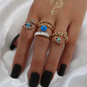 4 Pcs/sets New Fashion Diamond Set Hollow Ring Vintage Evil Eye Finger Ring for Girl Women Jewelry Accessories