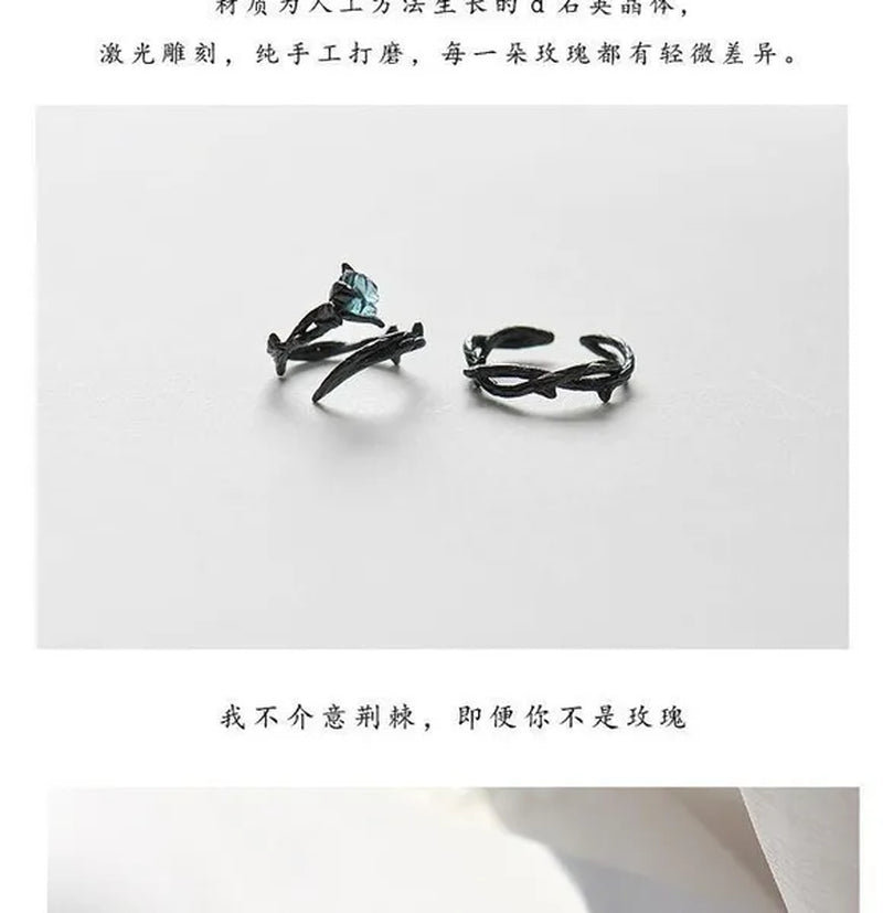 Black Rose Bud Creative Lovers Silver Ring and Ring Thorn Personality Opening Lovers Ring Couple Ring