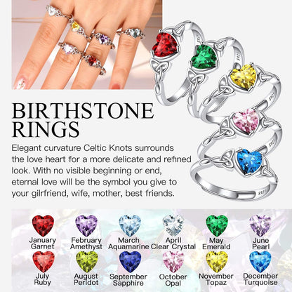 925 Sterling Silver Good Luck Celtic Twisted Knot/Claddagh Heart Birthstone Ring, Thin Delicate Adjustable Promise Engagement Ring Irish Jewelry for Women
