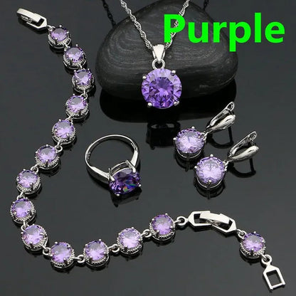 925 Sterling Silver Jewelry Set Olive Green Cubic Zirconia Retro Earrings Ring Pendant Necklace Bracelet 4Pcs for Bride