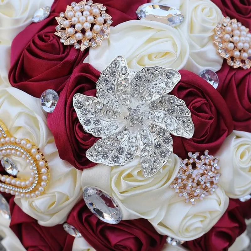21CM Silk Rose Wedding Flower Bouquet Pearl Rhinestone Brooch Bouquet Bride Bridesmaid Holding Flowers Wedding Party Shooting Props