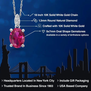 10K White Gold Oval 9X7MM Gemstone Birthstone and Diamond Pendant Necklace for Women with 18 Inch Gold Chain