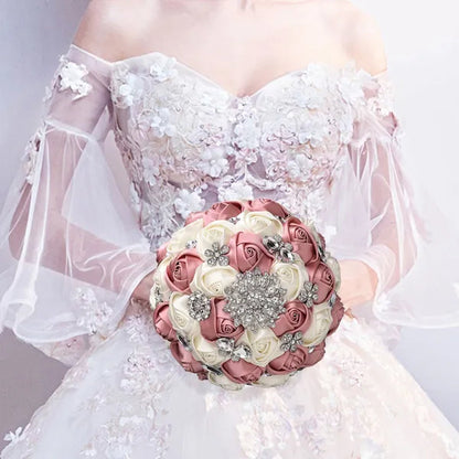 20CM Satin Ribbon Rhinestone Simulation Flowers Bridal Bouquet Handmade Diamond Brooch Wedding Bouquet Bridesmaid Holding Flowers