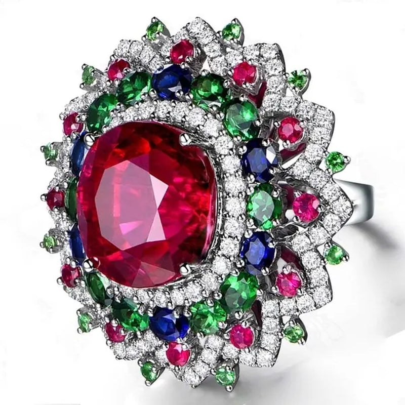 Luxury  Silver Ruby & Emerald & Sapphire & White Sapphire Natural stone Birthstone Gemstones Engagement Eyes Brand Flower Rings Wedding Anniversary Bride Women Ring Size 678910