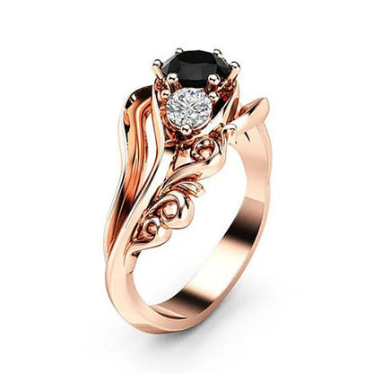 Fashion Ladies Rose Gold Leaf Vine Black Gemstone Rings Jewelry Bridal Romantic Engagement Proposal Gift