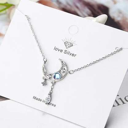 925 Sterling Silver Colorful Moonstone Clavicle Chain Necklace Silver Moon Zircon Tassel Necklace Jewelry For Women