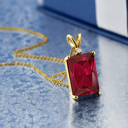 18K Yellow Gold Plated Silver Red Created Ruby Pendant Necklace for Women (5.02 Cttw, Gemstone July Birthstone, Emerald Cut 14X10MM, with 18 Inch Silver Chain)