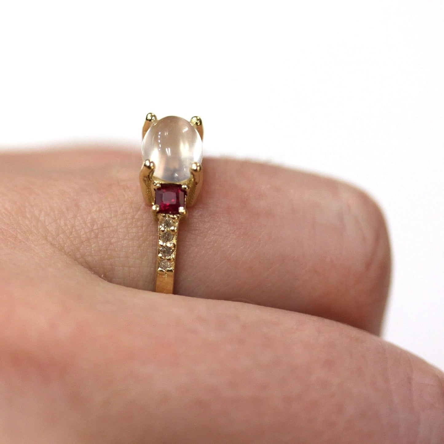 Solid 18K Yellow Gold 2.65 Ctw Natural Cabochon Moonstone, Red Ruby and Diamond 3 Stone Engagement Ring for Women 6 Mm - Handmade in USA - July Birthstone - Size 8.75 US