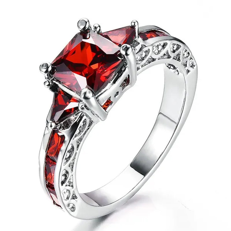 Fashion Women's Princess Cut Garnet Red Zircon Wedding Ring Party Jewelry Gift Size 6 7 8 9 10